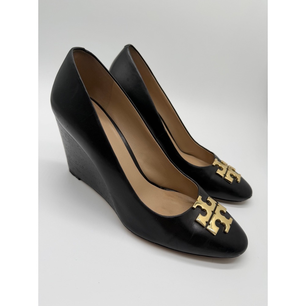 Tory Burch Sally Wedge Heel Black Size 9 Gold Logo